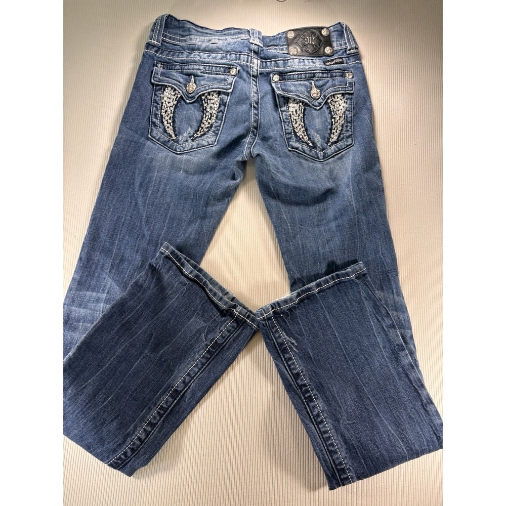 Women's Miss Me Bootcut Jeans Size 28 Dark Blue Distressed 33 Inseam Cowgirl - Picture 11 of 12